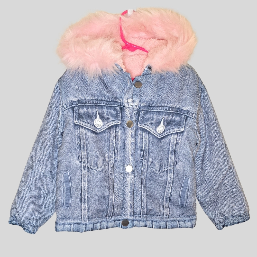 Faux Denim Hooded Jacket Toddler Girls Size 5Y Blue Pink Fur Lined Cozy